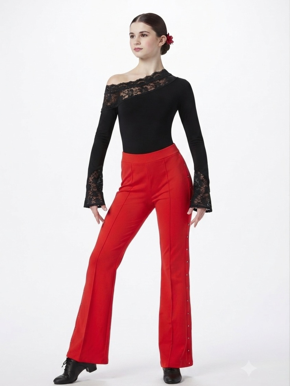 Black Lace Leotard Red Flare Pants Contemporary Dance Costume SA